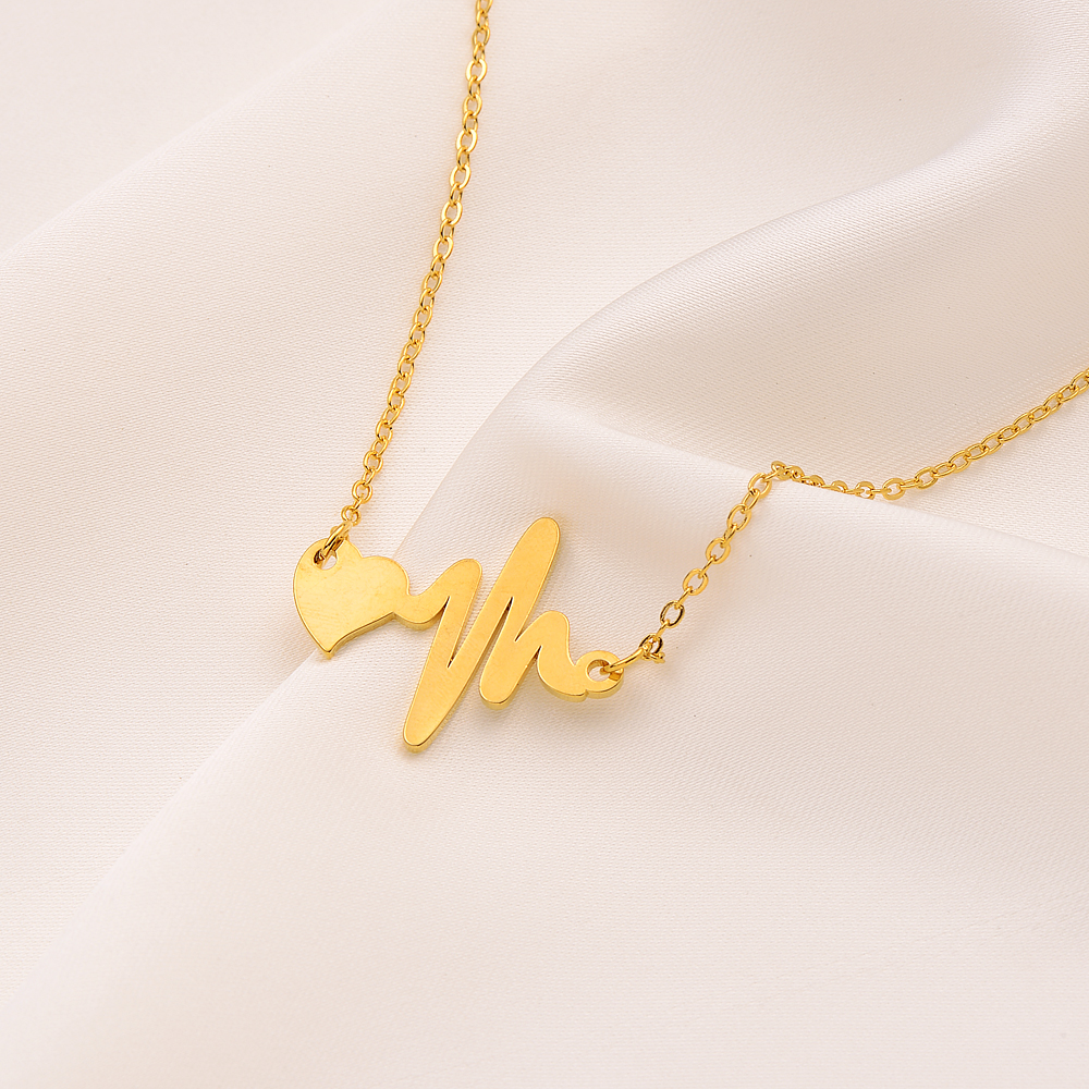 Initial Heartbeat Necklace Pendant Heart Fine 9K G/F Yellow Gold Couple Ekg Electro cardiogram Rhythm Chokers-image-737805913