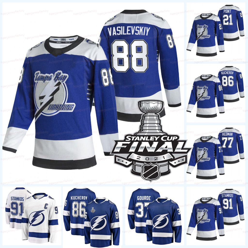 

Women Tampa Bay Lightning 2021 Stanley Cup Final Jersey Nikita Kucherov Yanni Gourde Brayden Point Steven Stamkos Ondrej Palat Andrei Vasilevskiy Sergachev Hedman, Blue youth s-xl champion patch