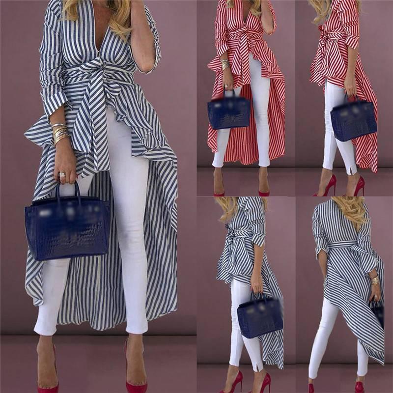 

Women' Trench Coats Stripe Shirts Long Sleeve V-neck Loose Tops With Belt Front Dip Hem Shirt Blouse Striped Tied High Street Women, Blue