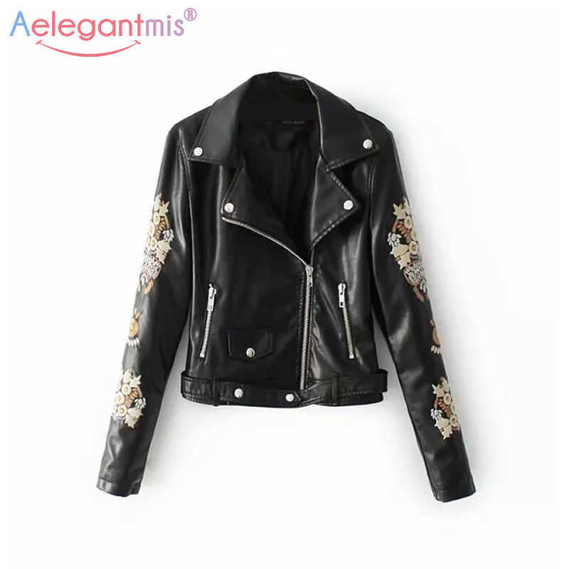 

Aelegantmis Autumn Black Vintage Embroidery Pu Leather Jacket Women Fashion Street Faux Biker Soft Moto Outerwear 210607, Gray