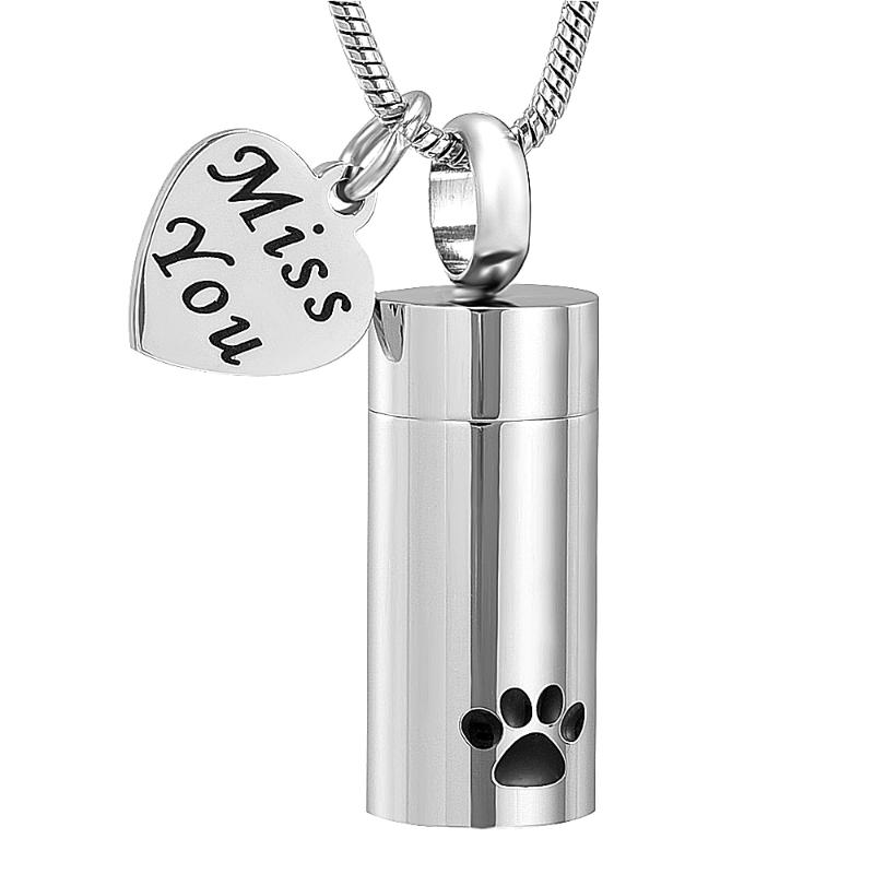 

Pendant Necklaces Pet Cylinder Cremation Urn With "Miss You" Heart Charm Memorial Urns Nceklace For Dog Cat Keepsake Jewelry, Silver