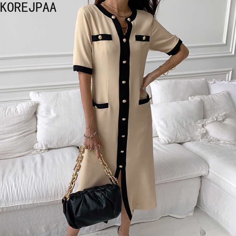 

Korejpaa Women Dress Summer Korean Light Mature Style Round Neck Contrast Color Edging Metal Single-Breasted Slim Vestidos 210526, Khaki