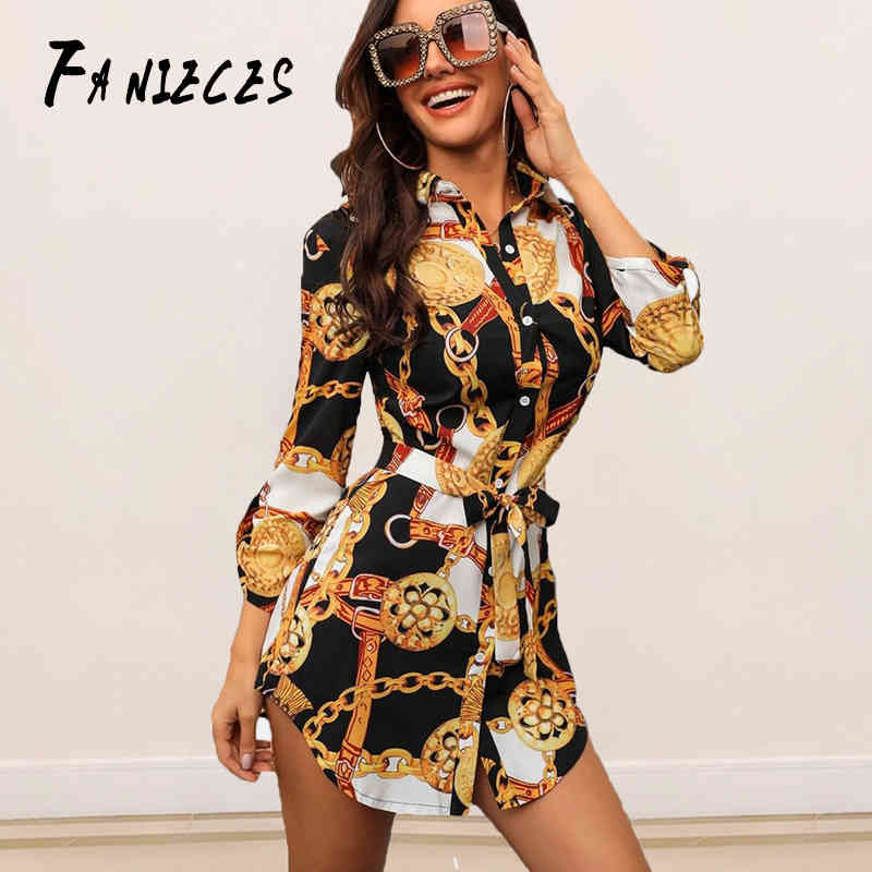 

Women chain print Long Sleeve Lady Tops Loose Short Mini Shirt Dress Summer Beach Dresses streetwear drop 210520, Red