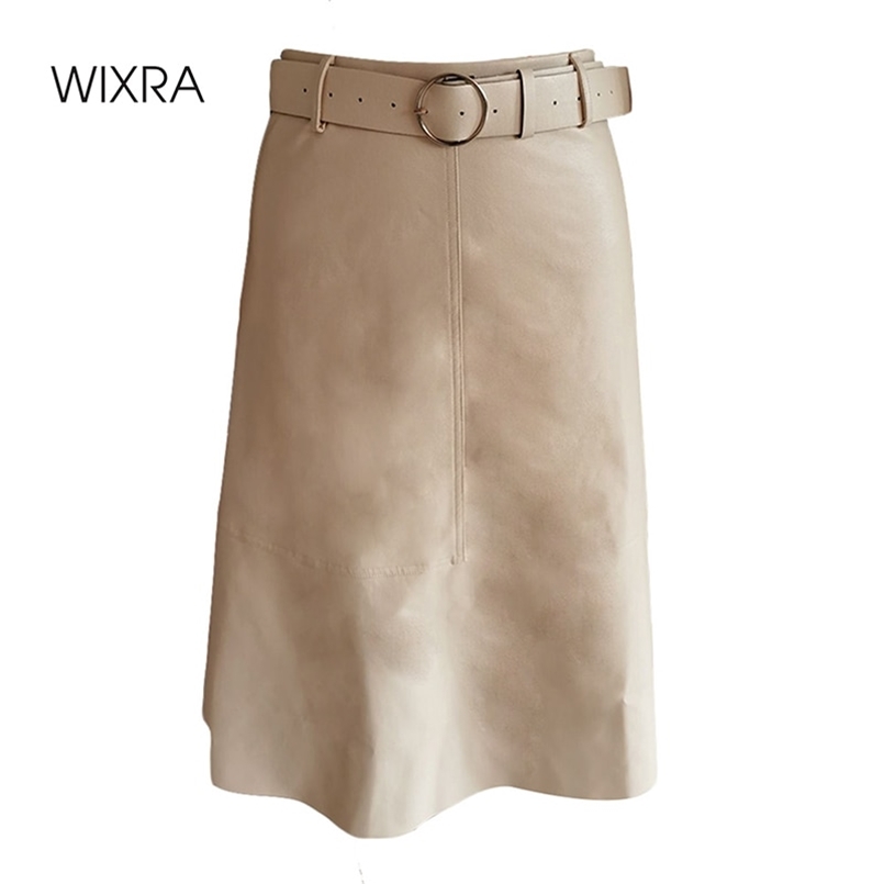 

Wixra Women A Line Skirts PU Casual Mid-Calf Elegant Office Wear Streetwear OL Ladies Bottom Spring Autumn 210708, Silver gray