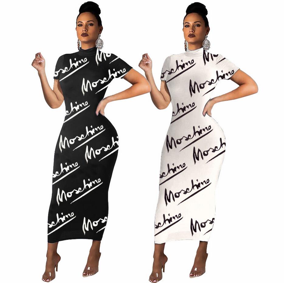 

Women Letter Print Long Dresses Fashion Bodycon Dress Trendy Summer Short Sleeve Casual T-shirt Skinny Slim skirt Party Clothing BN7053, Black
