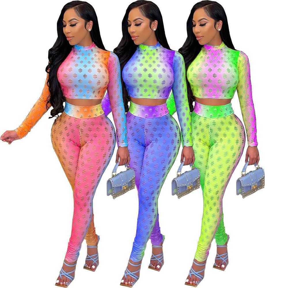 

Women's Long Pant Tracksuit Gradient Color Hollow Out Full Sleeve Crop Top and Pencil Legging Streetwear See Through Two Piece Set, Green