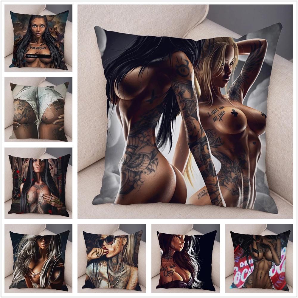 

Super Soft Short Plush Sexy Beautiful Girl Pillow Case Decor Dark Goth Tattoo Cushion Cover for Sofa Car Pillowcase 45x45cm