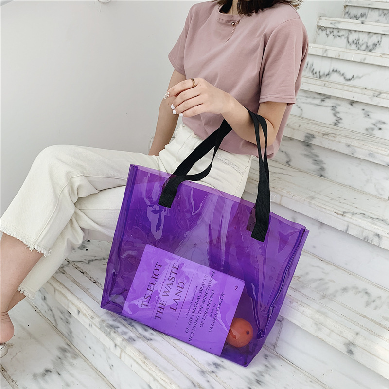 

Reusable Waterproof Graceful Transparent Bag Clear PVC Plastic Tote Packaging Beach Bag, Black