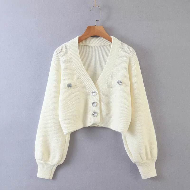 

Women French Fashion Temperament Exquisite Buttons Sweater Female V-Neck Long Sleeve Short Cardigan 210520, Black