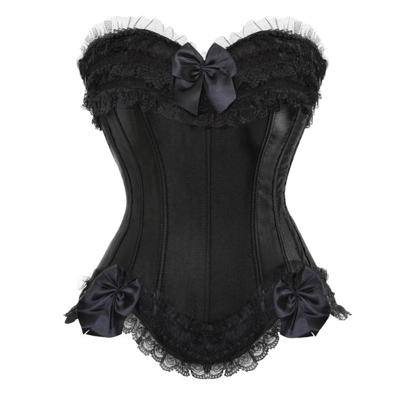 

Bustiers & Corsets Women Sexy Satin Overbust Corset Top Lace Bowknot Decorated Clubwear Showgirl Body Shaper Plus Size -6XL, Black