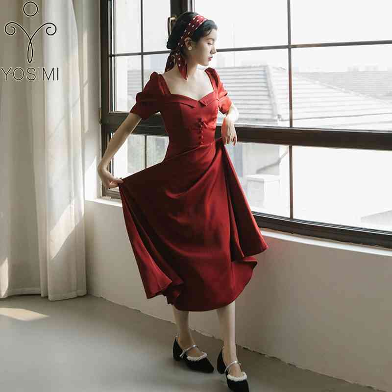 

YOSIMI Chiffon Dres Vintage Summer A-Line Mid-calf Short Puff Sleeve Fit and Flare Strapless Evening Party Dresses 210604, Claret