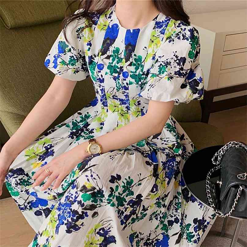 

Chic Printing Woman Dress Korean Folds Slim Waist Vestidos Femme Summer Puff Sleeve O-neck Dresses 6J237 210603, Photo color