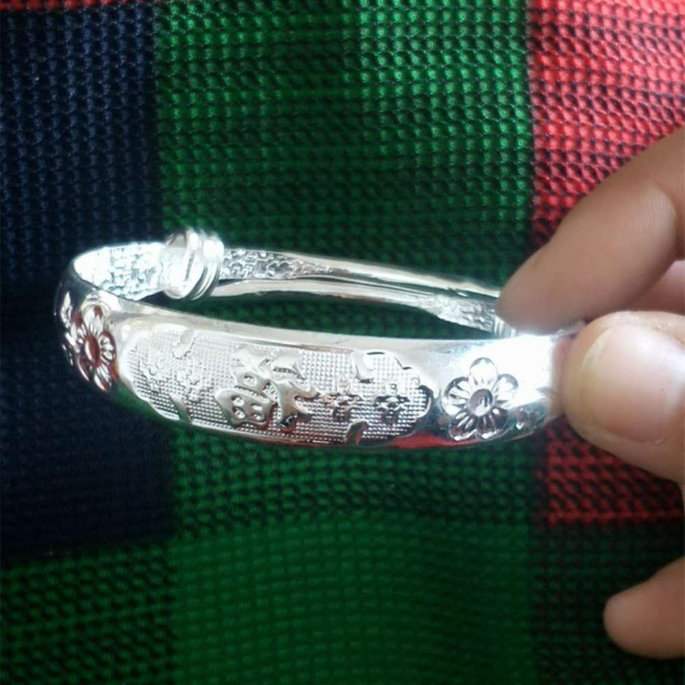 

Hand catenary 13mm thick Miao national style alloy silver plated plum blossom Fu character push pull bracelet with inverted insert for sale, Golden;silver