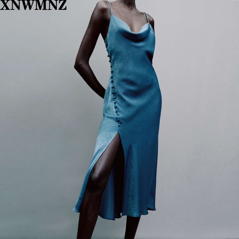 

XNWMNZ Za Women Fashion Sexy satin camisole Dress Vintage Bodycon Party Dresses Female Chic thin straps side vent Long dress, Black