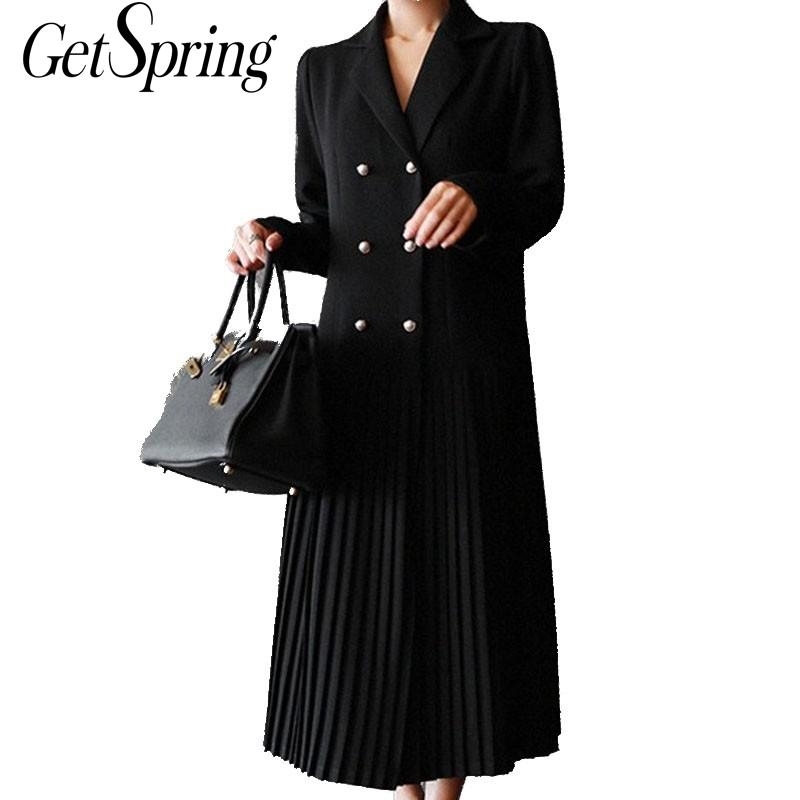 

GETSRING Women Dresses Double-breasted Chiffon Pleated Black Loose Plus Size Vintage Long Fashion 210601