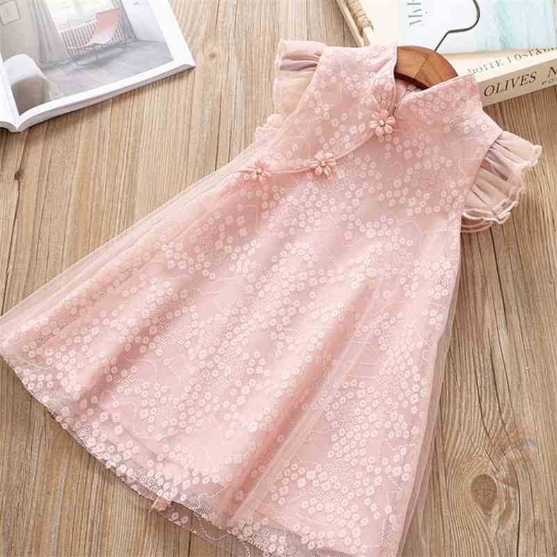 

Summer 2-6 7 8 10 Years Crew Neck Fly Sleeve Baby Mesh Floral Chiffon Chinese Ethnic Style Kids Cheongsam Dresses For Girls 210701, Pink