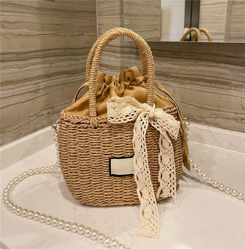 

Designer Purse women Fashion travel Handbags classic Bohemia Straw Beach Bags Vintage pearl chains Shoulder handbag multi pochette l, A-35x19cm