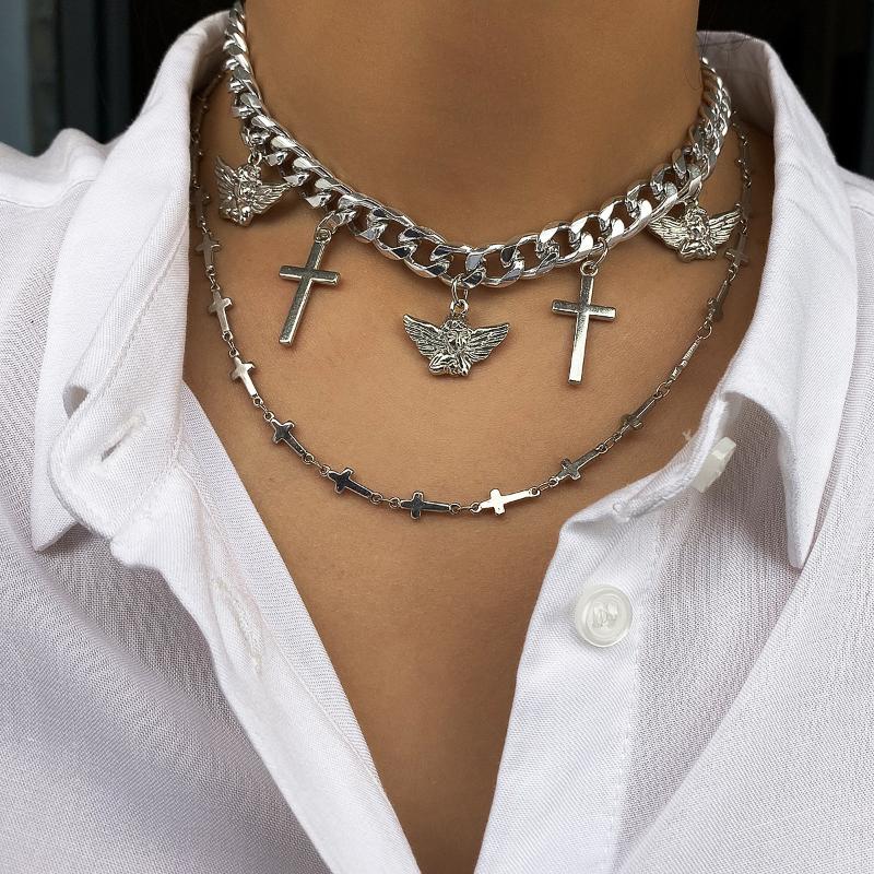 

Chains High Quality Gothic Angel Cross Pendant Choker Necklace For Women Vintage Layered Coin Chunky Chain Necklaces Men Jesus Jewelry, Silver