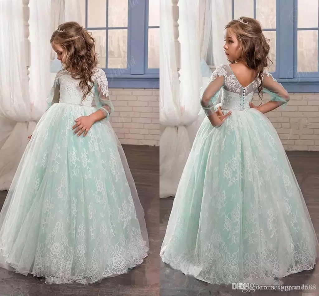 New Light Mint Princesse Robes De Fille De Fleur Dentelle Applique Manches Sheer Robe De Bal Étage Longueur Enfants Fête Communion Robes Sur Mesu