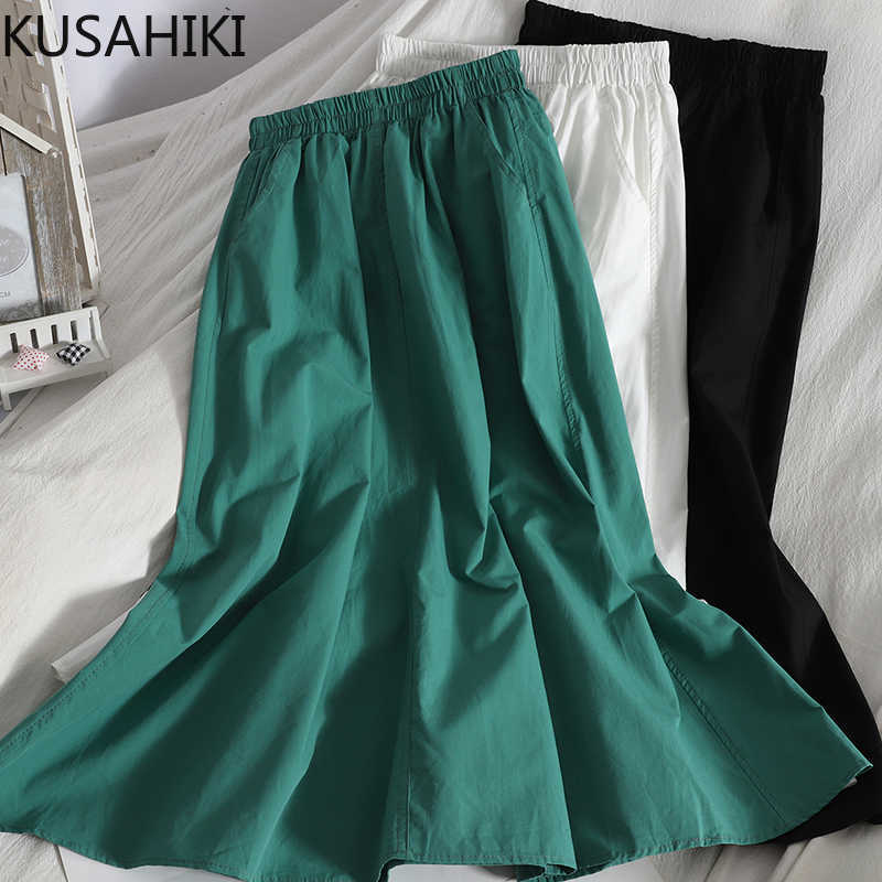 

KUSAHIKI Summer Korean Pleated A-line Woman Skirts Causal Stretch High Waist Skirt Solid Fashion Faldas Mujer Moda 6H578 210602, Green