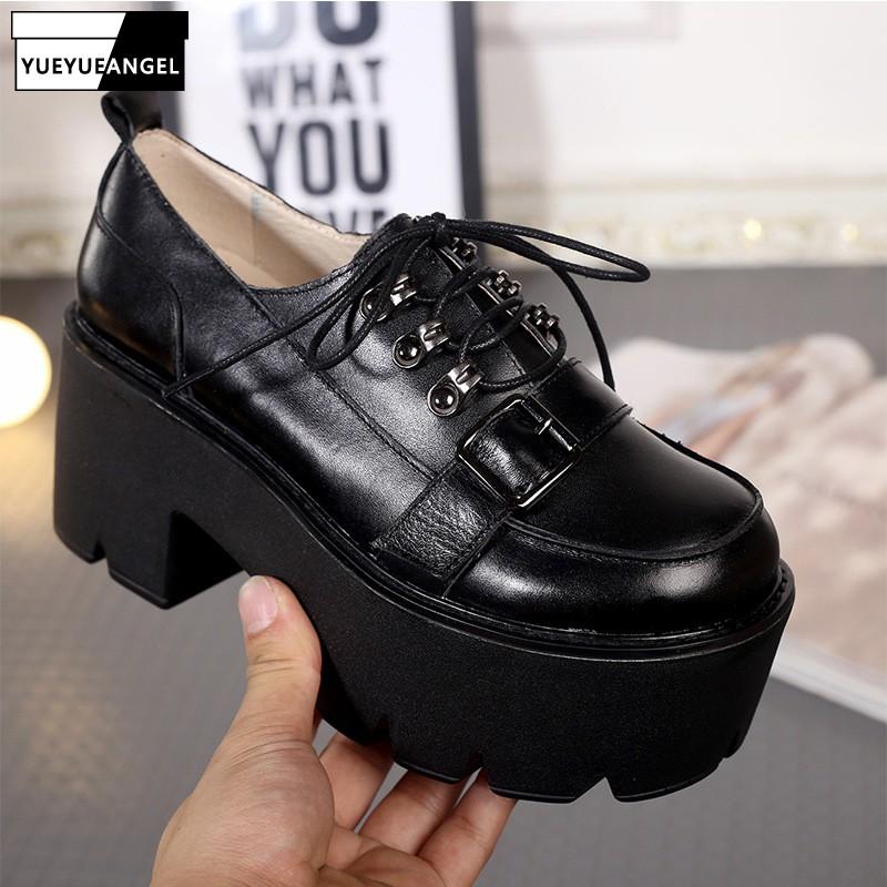 

Punk Real Leather Shoes Woman College Style Thick Heels Platform Pumps High Quality Fashion Round Toe Gothic Black Dress