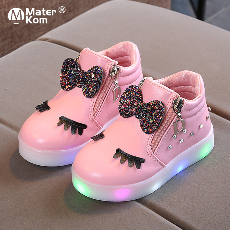 

Size 21-30 Children Glowing Sneakers Kid Princess Bow for Girls LED Shoes Cute Baby Sneakers with Light Shoes Krasovki Luminous, Black