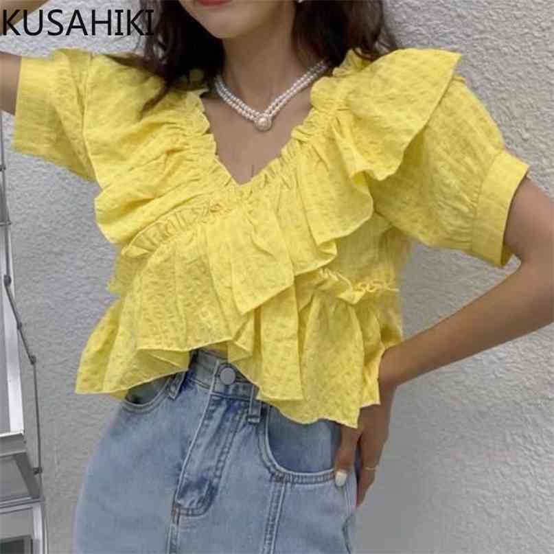 

Summer V-neck Blouses Pleated Ruffle Patchwork Sweet Woman Shirts Causal Puff Sleeve Blusas Mujer 6J691 210603, Green