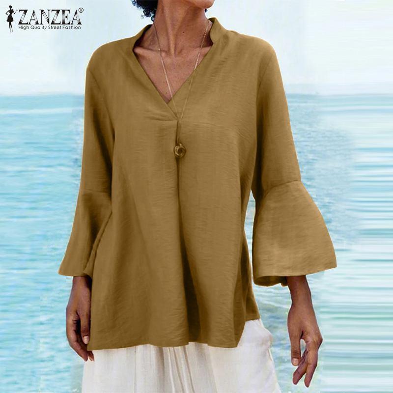 

Women's Blouses & Shirts ZANZEA Fashion Spring Shirt Elegant Women V Neck Flare Sleeve Blouse Casual Office Lady Tops Tunic Solid Loose Blus, White