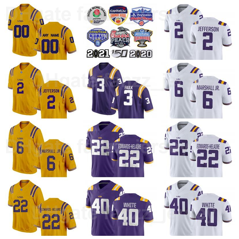

NCAA Football LSU Tigers College 40 Devin White Jersey 3 Kevin Faulk 76 Andrew Whitworth 6 Terrace Marshall Jr 22 Clyde Edwards-Helaire 2 Justin Jefferson Men Sale, Purple