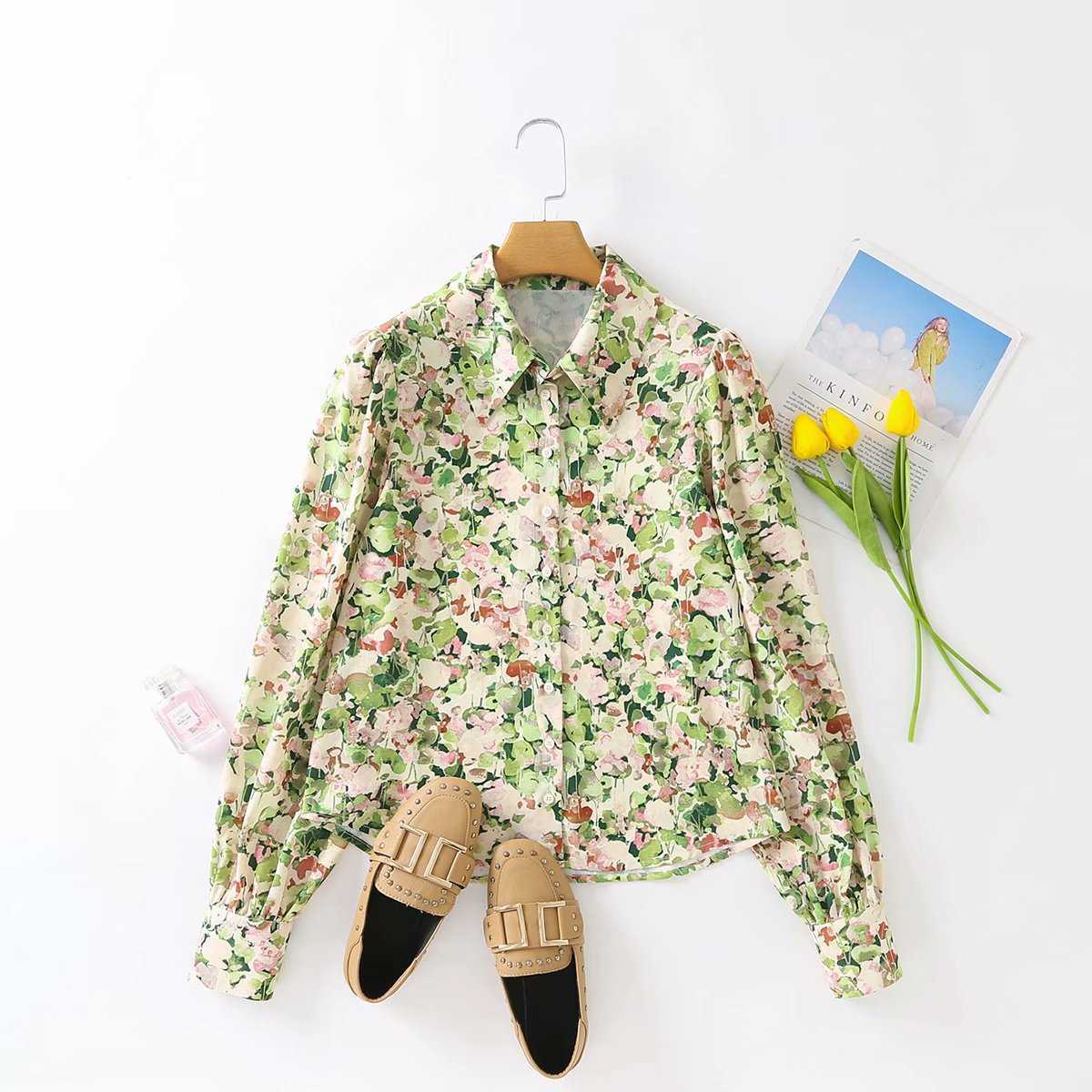 

Spring Fashion Print Shirt Vintage Elegant Blouse Women's Long-sleeved Turn-down Collar Tops and Blouses 210607, Picture