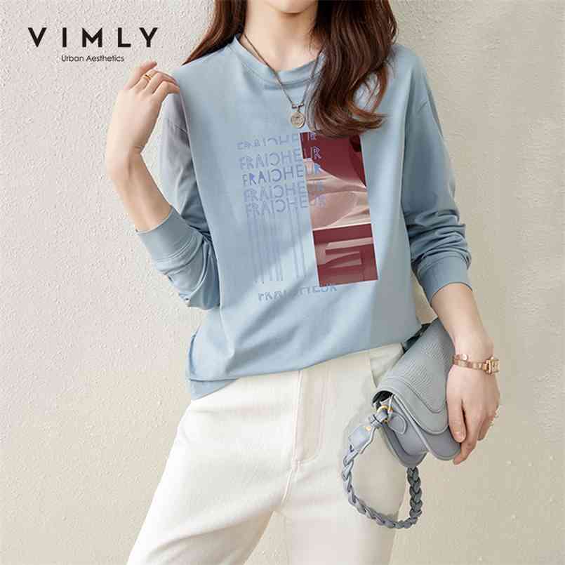 

VIMLY Women Tshirt Fashion Printed Full Sleeve T-Shirts Casual Loose Lady Cotton Pullover Spring Clothes Female Tops F6155 210708, Blue