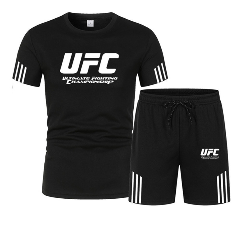 

New men' UFC printed cotton short sleeve T-shirt + fitness Pocket Shorts casual sports suit, Black 1