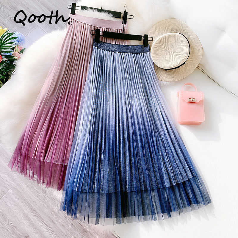 

Qooth Summer Trendy Women Skirts All-match Gradient Color Shiny Tulle Pleated Tutu Midi With Lining QT018 210609, Purple