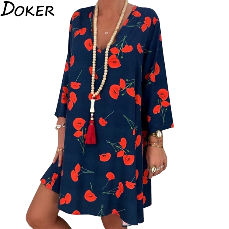

Spring Summer Office Plus Size Dress Women Floral Print V-neck Long Sleeve Mini Dress Elegant Woman Loose Casual Dresses 210630, Purple