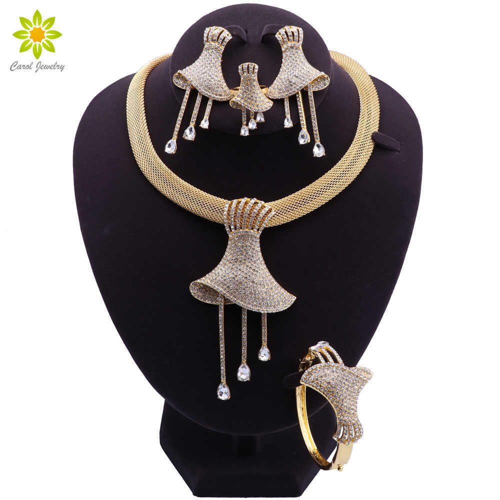 

Nigerian Wedding Bridal African Gold Color Jewelry Set Dubai Crystal Pendant Necklace Bracelet Earrings Ring Sets H1022, White