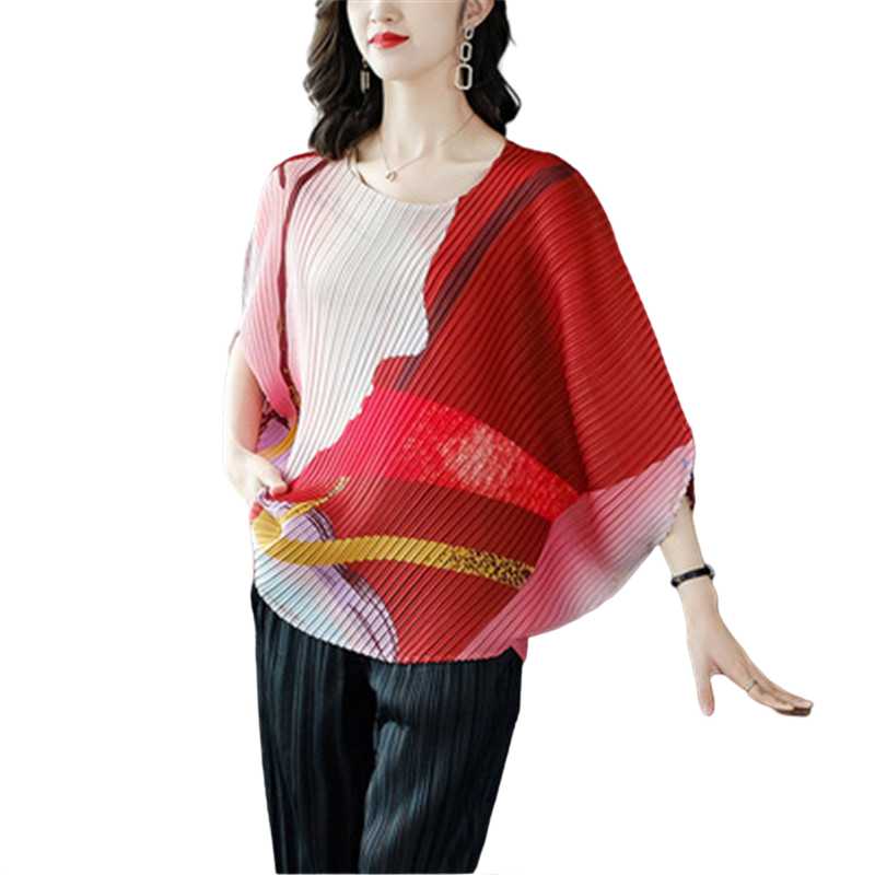

Women's T-Shirt Miyake Fold 2021 Summer Printed Top Female Bat Sleeve Round Neck Large Size Fashion Short-sleeved All-match