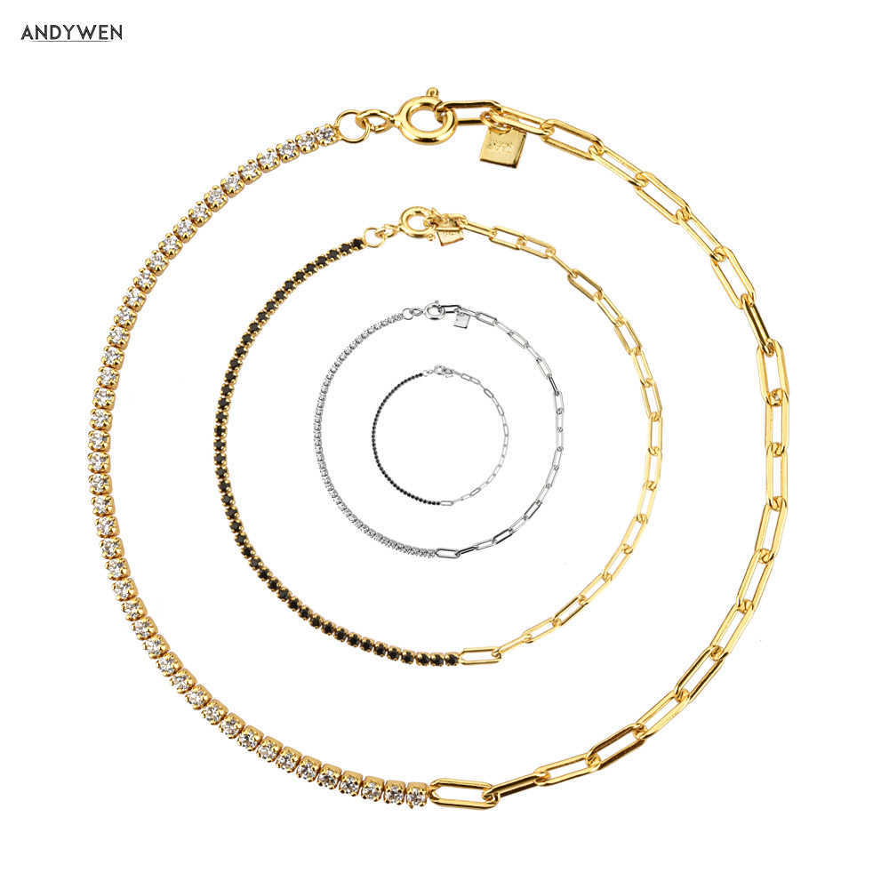 

ANDYWEN 925 Sterling Silver Gold Geometric Chains Clear Black Zircon Bracelet Necklace Jewelry Set For Fashion European 210608, White