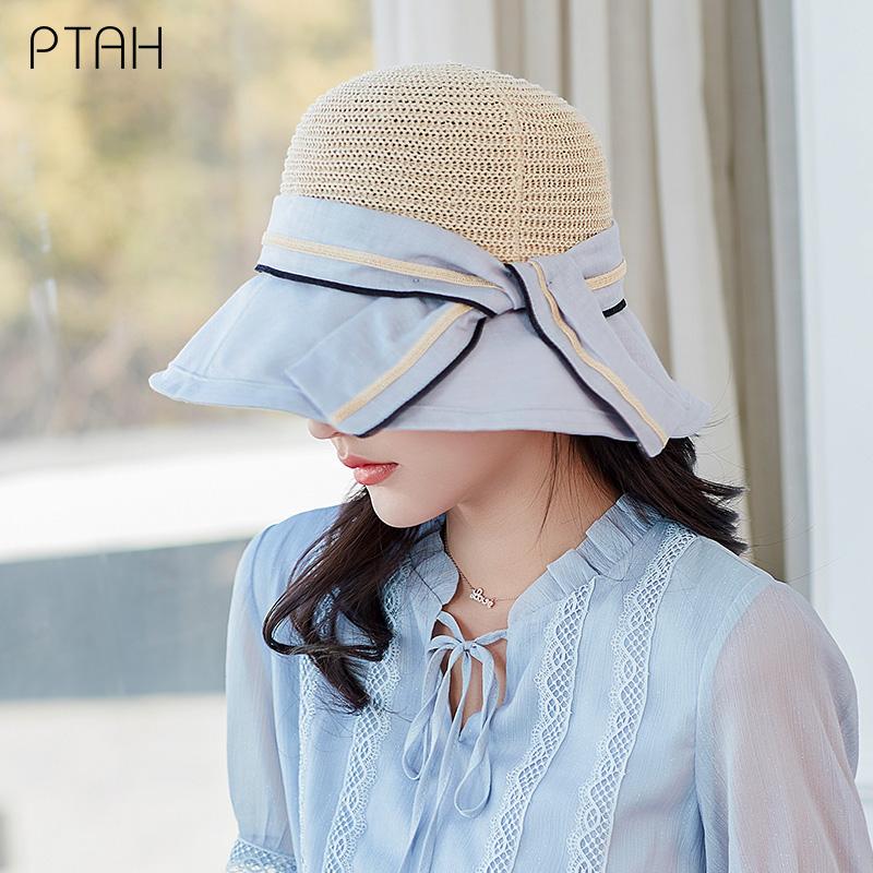 

Wide Brim Hats [PTAH] Summer Women's Sun Protection Straw Cloth Foldable Breathable Lightweight Visors Anti-UV Beach Shopping Casual, Blue;gray