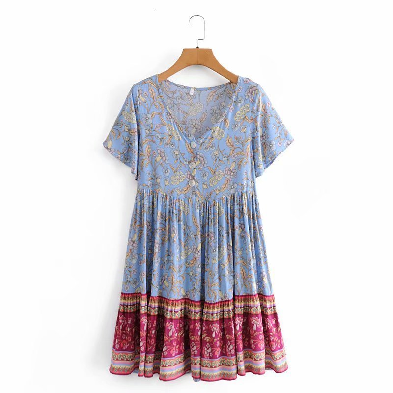 

Casual Dresses Women Floral Print Bohemian Beach Mini es 2021 Button Sexy V-Neck Short-Sleeve Spring Summer Boho Holiday Seaside S, Blue