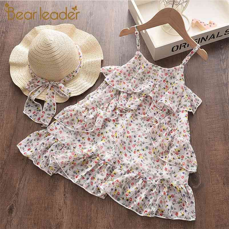 

Summer Girls Clothing 3-7 Years Children Suspender Dresses Print Pattern Outfits with Hat Lace Princess Vestidos 210429, Ah151pink