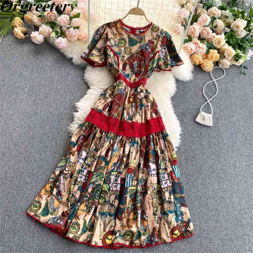 

Runway Lace Patchwork Print Summer Dress Women O-neck Short Butterfly Sleeve Ethnic Mid Robe Femme 210602, Red