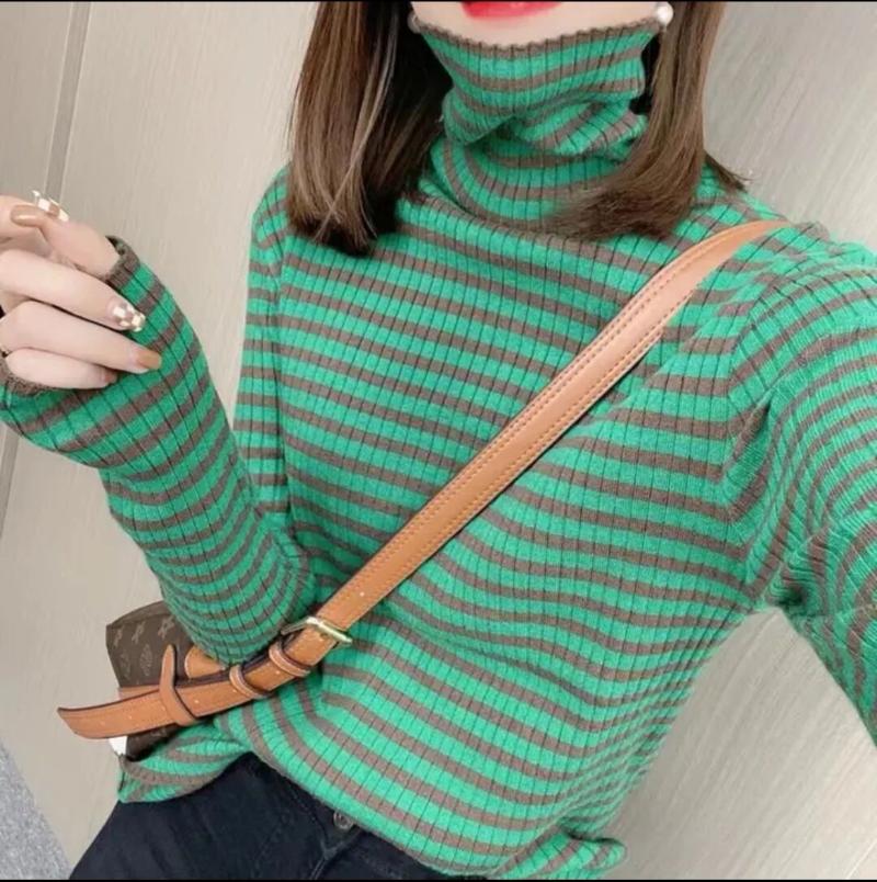 

Women' T-Shirt Casual Striped Inner Turtleneck Women Spring Autumn Long Sleeve Bottoming Tees Female Comfortable Skinny Warm Tshirts, Brown