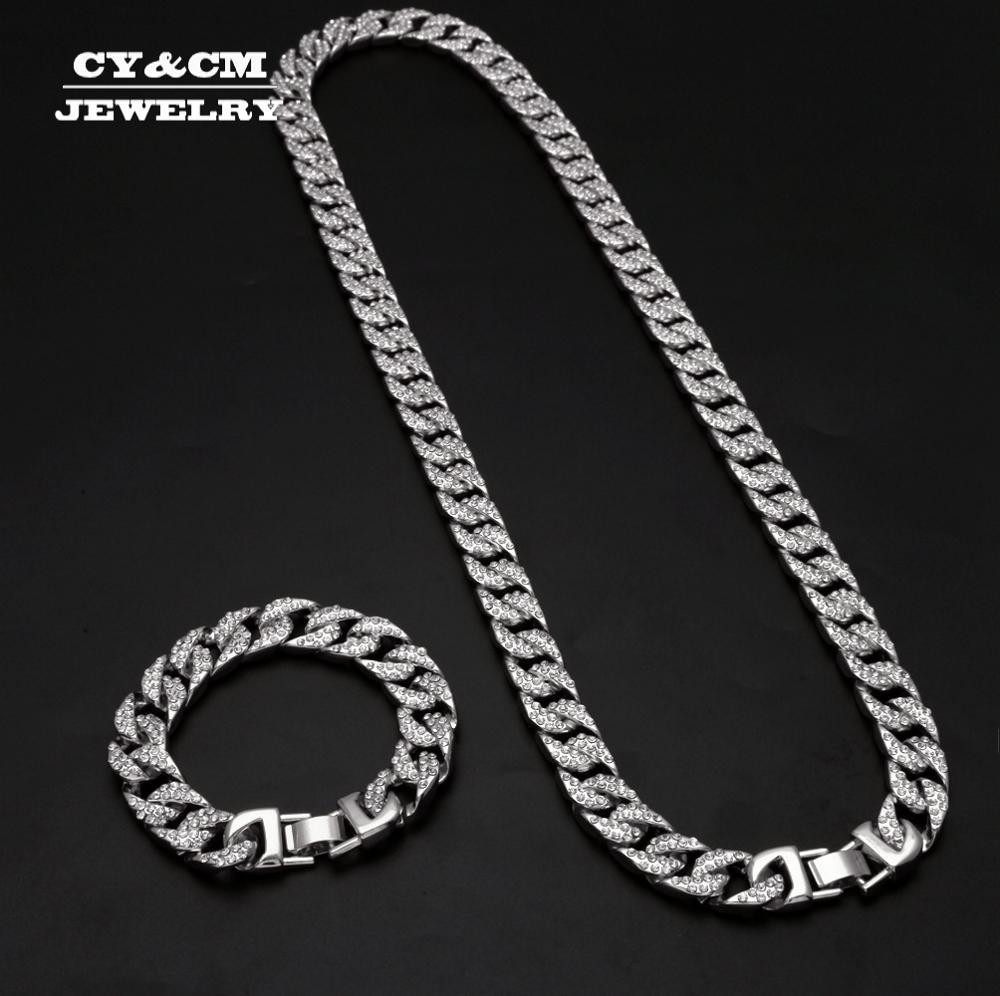 

Heavy Miami Cuban Chain Full Rhinestone Bracelet Necklace Set Gold Silver Color 13mm Choker for Men's Hip hop Iced Out Necklaces X0509