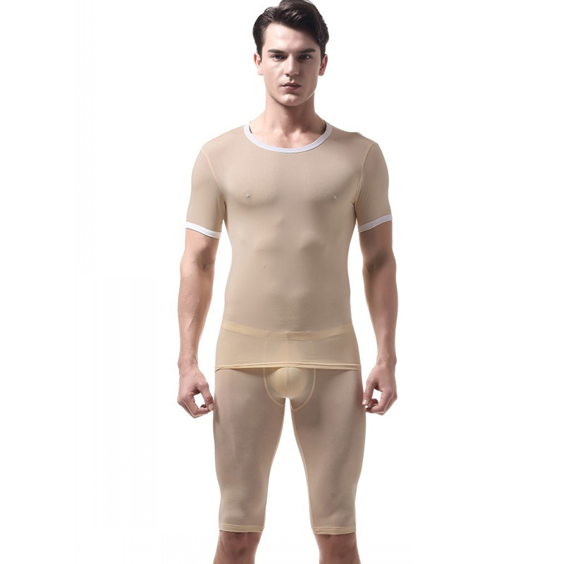 

Nude Sexy Men's underwear Ice silky sleepwear twinset Pajamas Set loungewear set short sleeve tops and boxer shorts #VS007DTZ