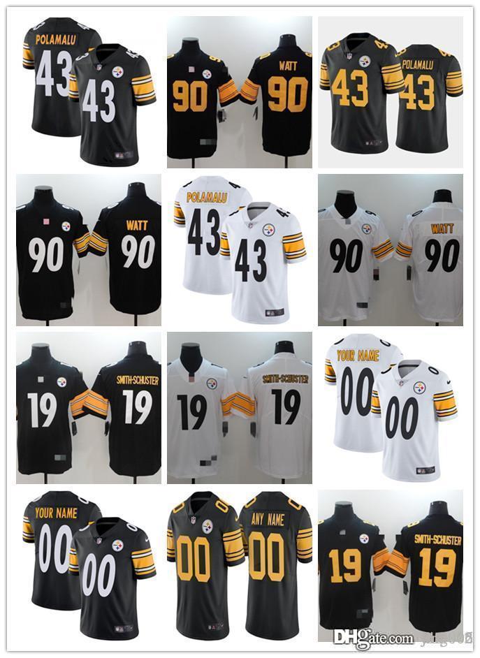 

Mens Womens Youth PittsburghSteelers19 JuJu Smith-Schuster 90 T.J. Watt 43 Troy Polamalu Custom Black White Football Jerseys, Colour