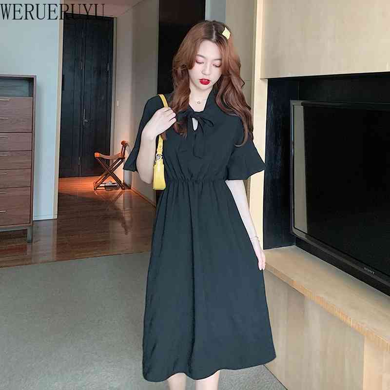 

WERUERUYU Sweet Black Dresses Summer Style Women A-Line Puff Sleeve Bow Women Clothes Party Dress 210608, Photo color
