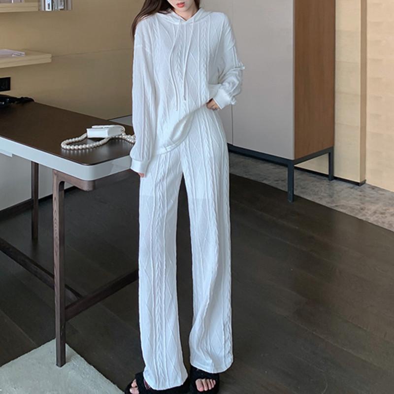

Women' Two Piece Pants High Quality Solid Color Casual Outfits Loose Knitted Long Sleeve Hooded Tops + Wide Leg Fashion Autumn Two-piece Se, White