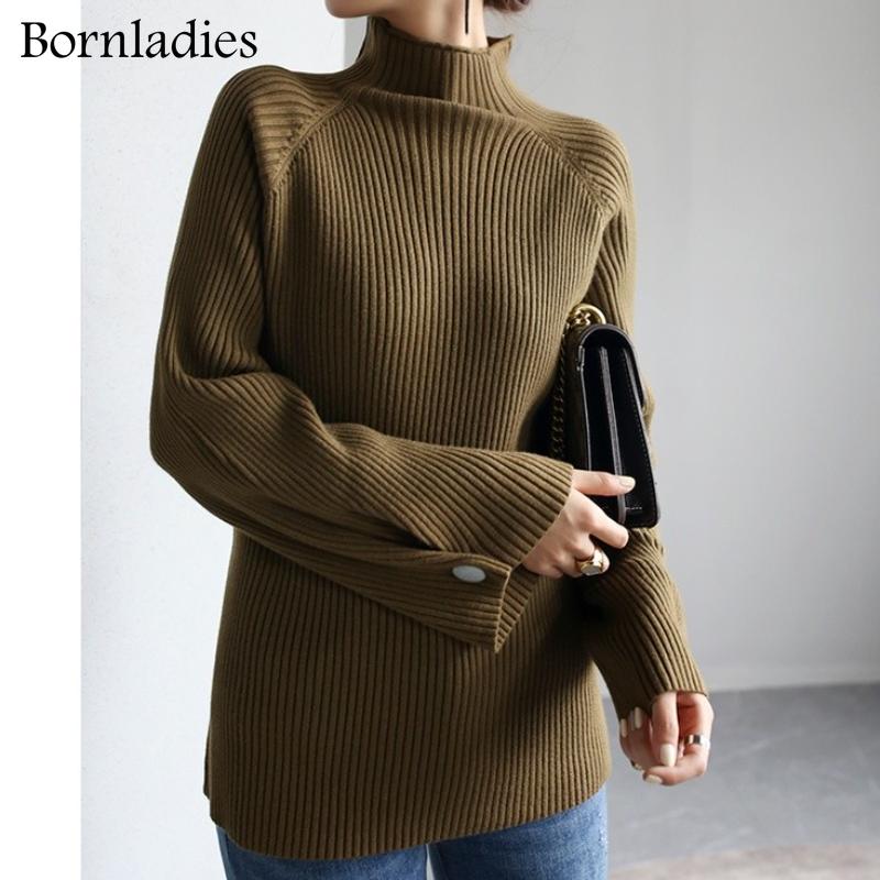 

Women's Sweaters Bornladies 2021 Autumn Winter Casual Solid Pullover Warm Argyle Sweater For Women Soft Kniited Mock Neck Pull, White;black