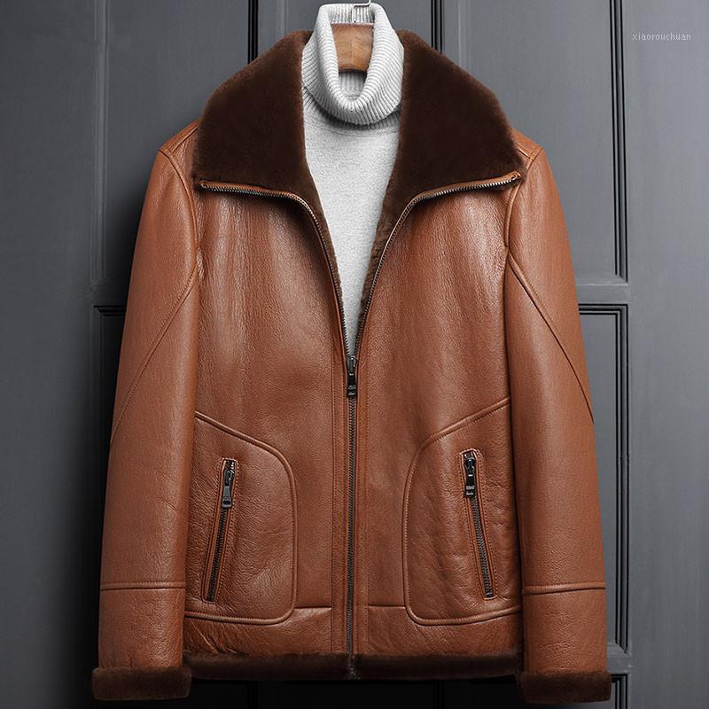 

Men's Leather & Faux Genuine Jacket Winter Men Natural Wool Fur Coat Sheepskin Streetwear Bomber Plus Size 4xl LSY1295, Brown