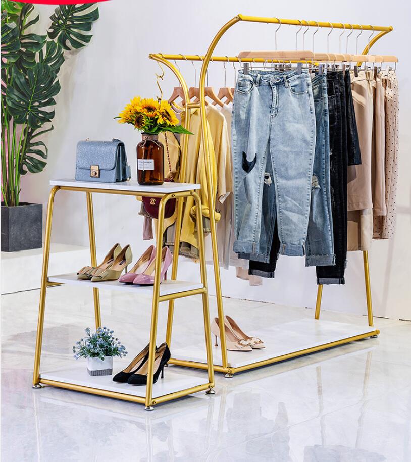 Clothing store display rack Commercial Furniture floor type double row iron creative side hanging racks women's cloth shelf-image-694579880